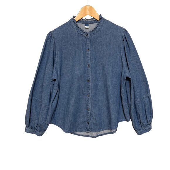 Old Navy Womens Denim Ruffle Collar Button Down Top Size‎ Large Balloon Sleeves - Picture 1 of 8